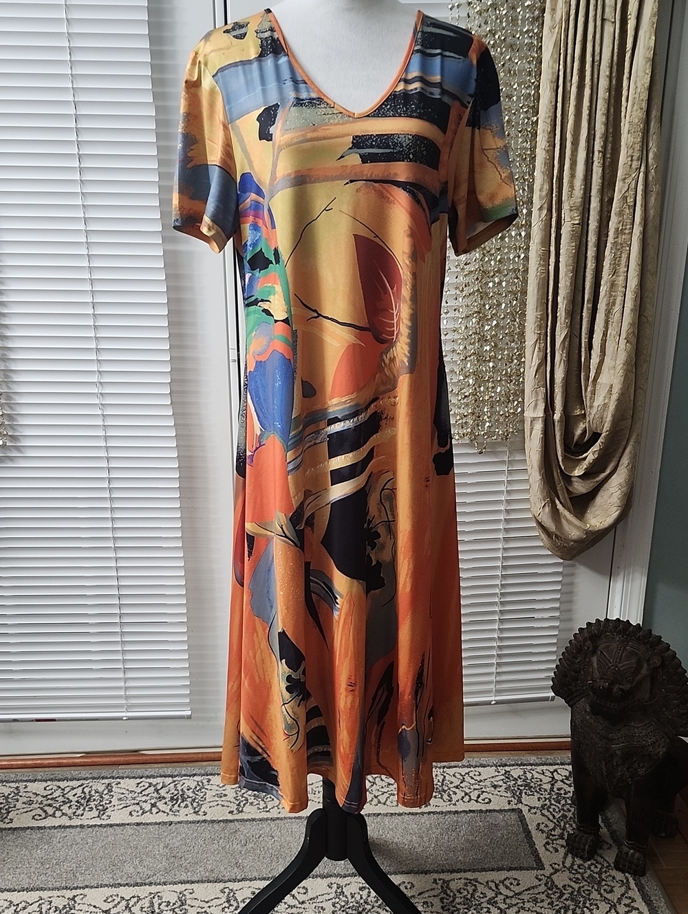 V-Neck Orange Abstract Midi Dress